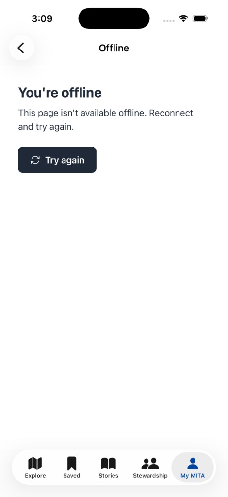 The offline fallback: you're offline, this page isn't available offline, reconnect and try again