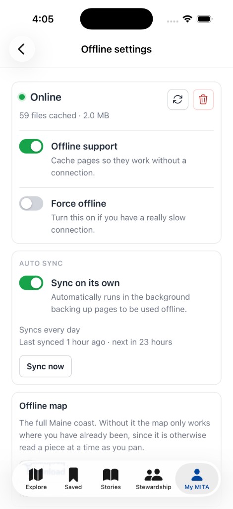 The Coldwire offline settings page: online status, files cached, offline support and force-offline toggles, and auto sync